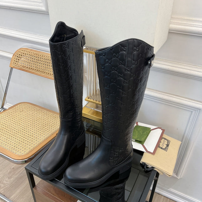 GG EMBOSSED LEATHER KNEE HIGH BOOTS IN BLACK CALFSKIN