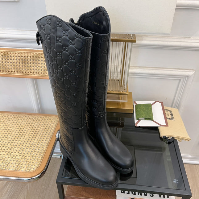 GG EMBOSSED LEATHER KNEE HIGH BOOTS IN BLACK CALFSKIN