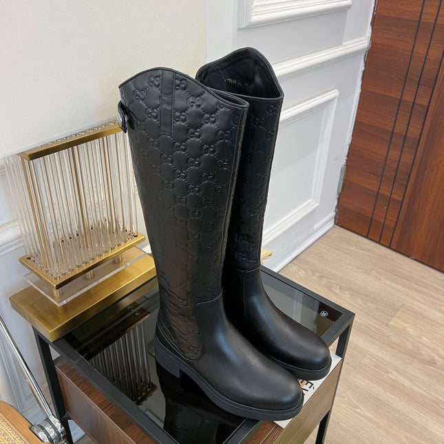 GG EMBOSSED LEATHER KNEE HIGH BOOTS IN BLACK CALFSKIN