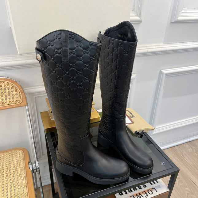 GG EMBOSSED LEATHER KNEE HIGH BOOTS IN BLACK CALFSKIN