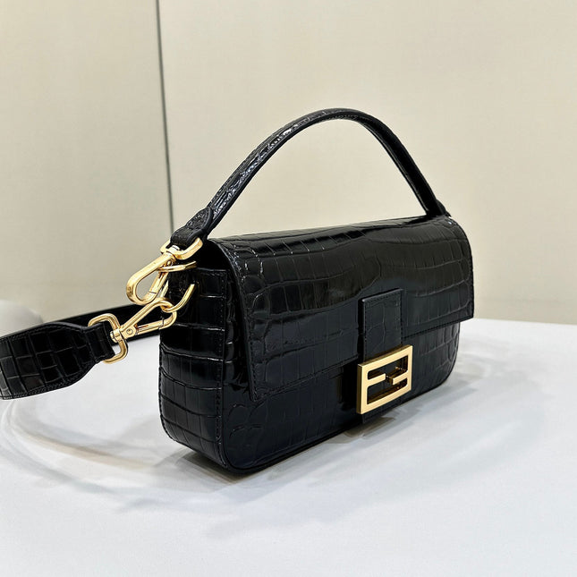 BAGUETTE 27 IN BLACK CROCODILE PATTERN GLOSSY CALFSKIN GOLD HARDWARE