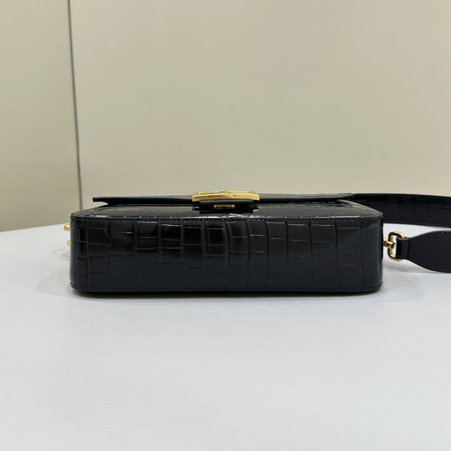 BAGUETTE 27 IN BLACK CROCODILE PATTERN GLOSSY CALFSKIN GOLD HARDWARE