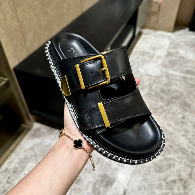 DAD SANDALS IN BLACK CALFSKIN WITH GOLD HARDWARE