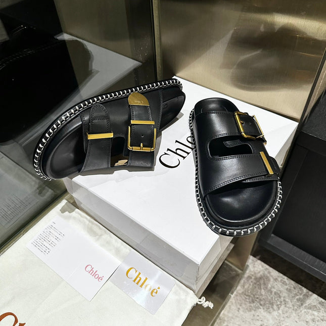 DAD SANDALS IN BLACK CALFSKIN WITH GOLD HARDWARE