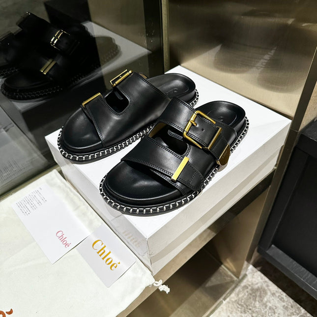 DAD SANDALS IN BLACK CALFSKIN WITH GOLD HARDWARE