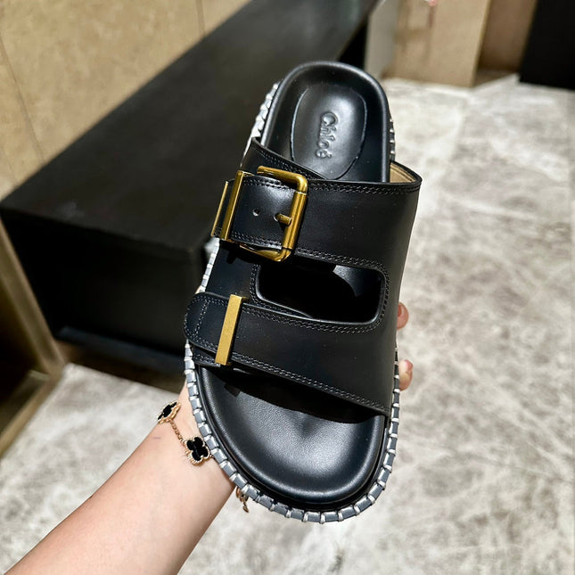 DAD SANDALS IN BLACK CALFSKIN WITH GOLD HARDWARE