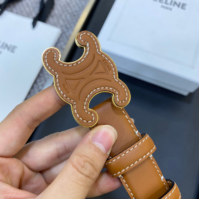 TRIOMPHE BELT 25MM IN BROWN CALFSKIN WITH LEATHER-COVERED BUCKLE AND WHITE STITCHING