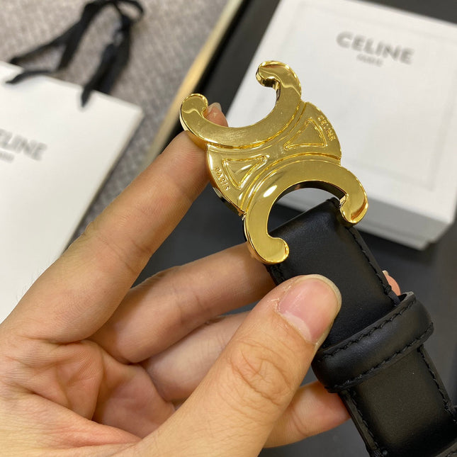 TRIOMPHE BELT 25MM IN BLACK CALFSKIN GOLD BUCKLE GOLD LOGO