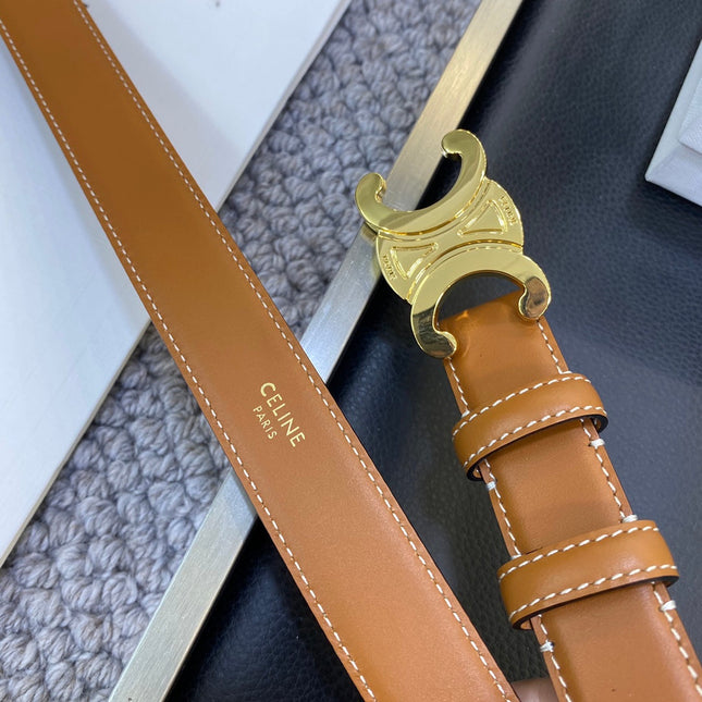 TRIOMPHE BELT 25MM IN BROWN CALFSKIN GOLD BUCKLE GOLD LOGO