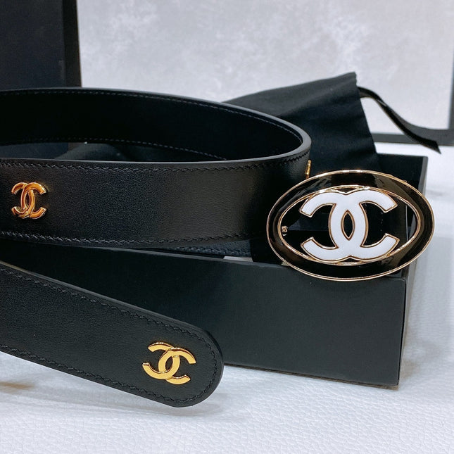CC 30MM BELT IN BLACK SMOOTH CALFSKIN WHITE MIX BLACK METAL LOGO GOLD HARDWARE