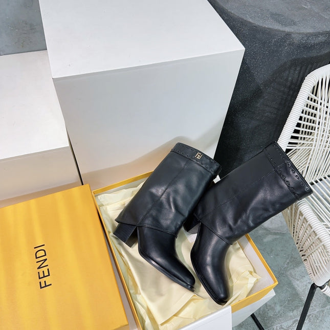 FENDI SHOW BLACK LEATHER HIGH-HEELED ANKLE BOOTS