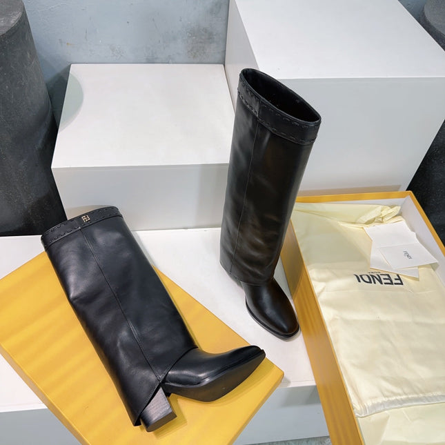 FENDI SHOW BLACK LEATHER HIGH-HEELED BOOTS