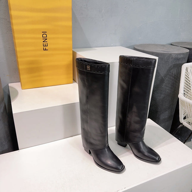 FENDI SHOW BLACK LEATHER HIGH-HEELED BOOTS
