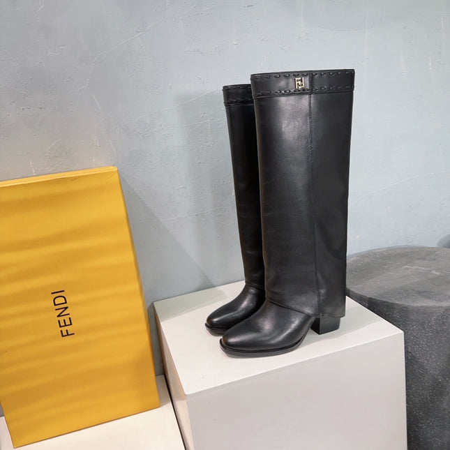 FENDI SHOW BLACK LEATHER HIGH-HEELED BOOTS