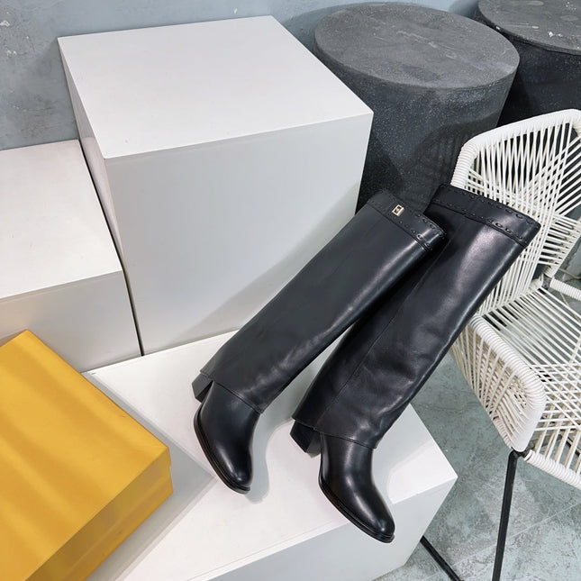 FENDI SHOW BLACK LEATHER HIGH-HEELED BOOTS