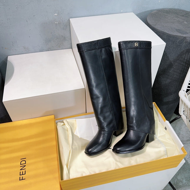 FENDI SHOW BLACK LEATHER HIGH-HEELED BOOTS