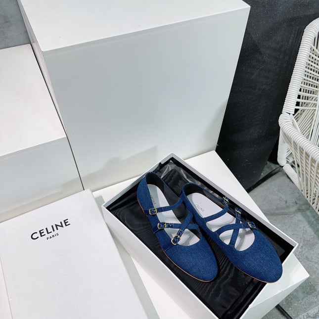 LES BALLERINES CELINE BABIES IN CLASSIC BLUE DENIM FABRIC