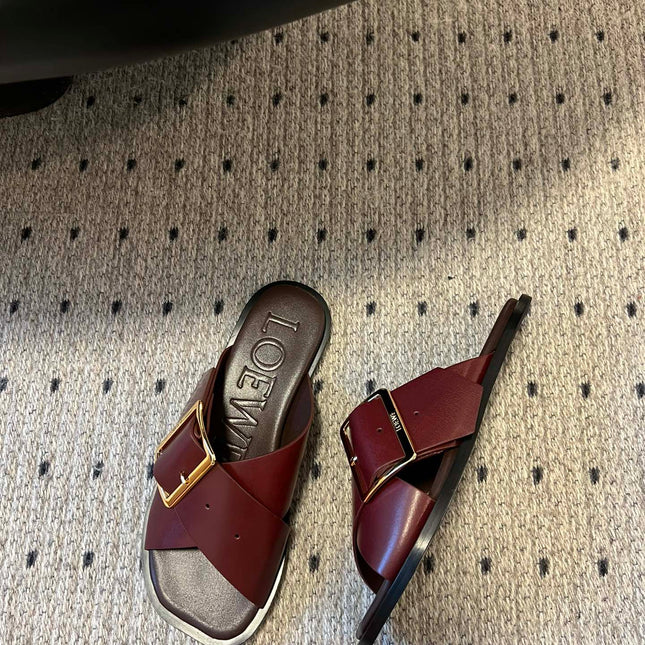 PETAL BELT FLAT SANDAL IN SANGRIA RED CALFSKIN