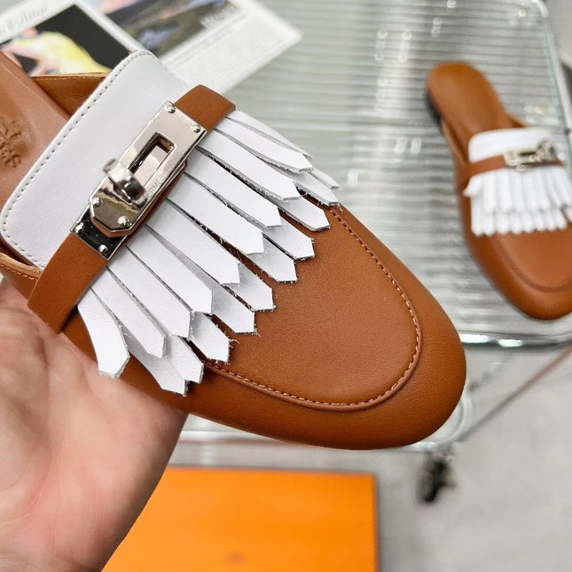 0Z MULE CARAMEL MIX FRINGED WHITE CALFSKIN
