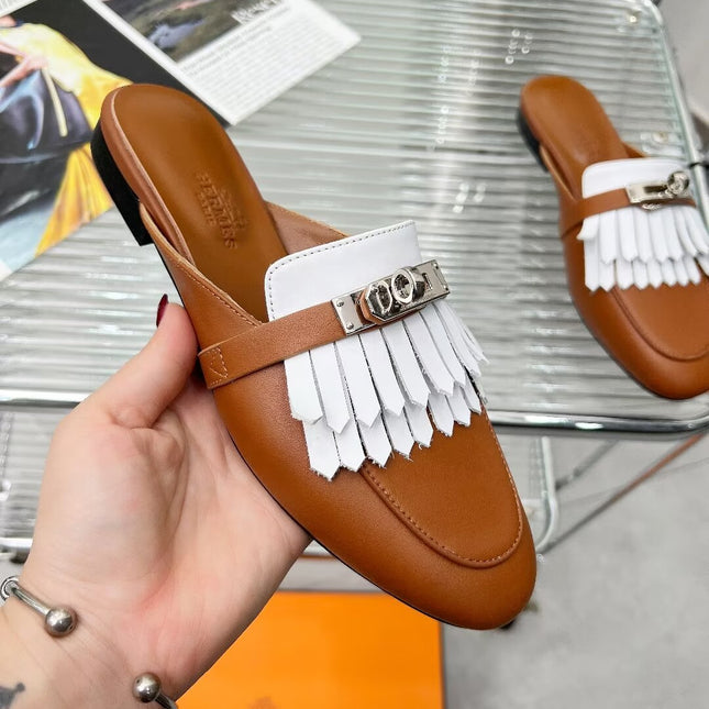 0Z MULE CARAMEL MIX FRINGED WHITE CALFSKIN