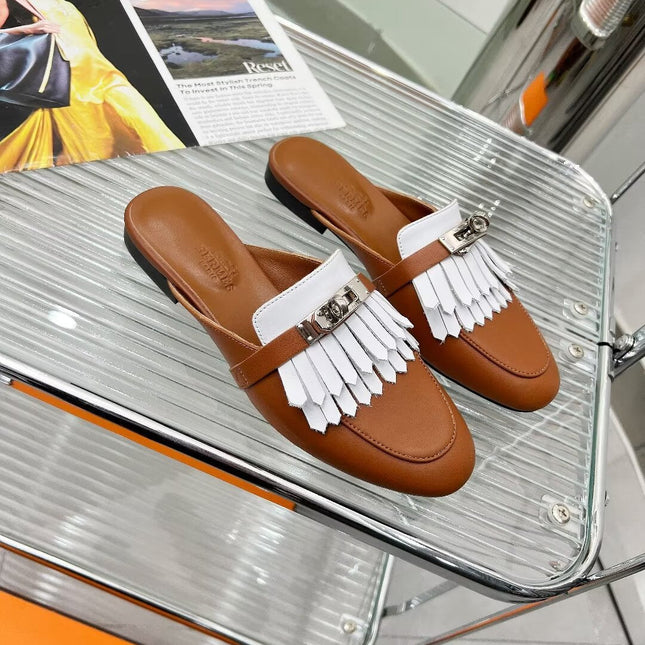 0Z MULE CARAMEL MIX FRINGED WHITE CALFSKIN
