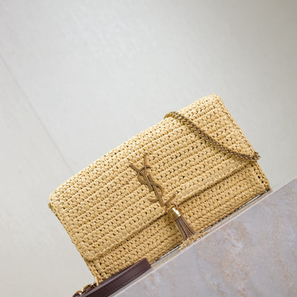YSL KATE BAG CROSSBODY 26 IN BEIGE WOVEN RAFFIA GOLD HARDWARE