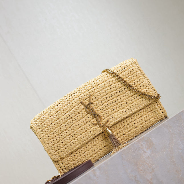 YSL KATE BAG CROSSBODY 26 IN BEIGE WOVEN RAFFIA GOLD HARDWARE
