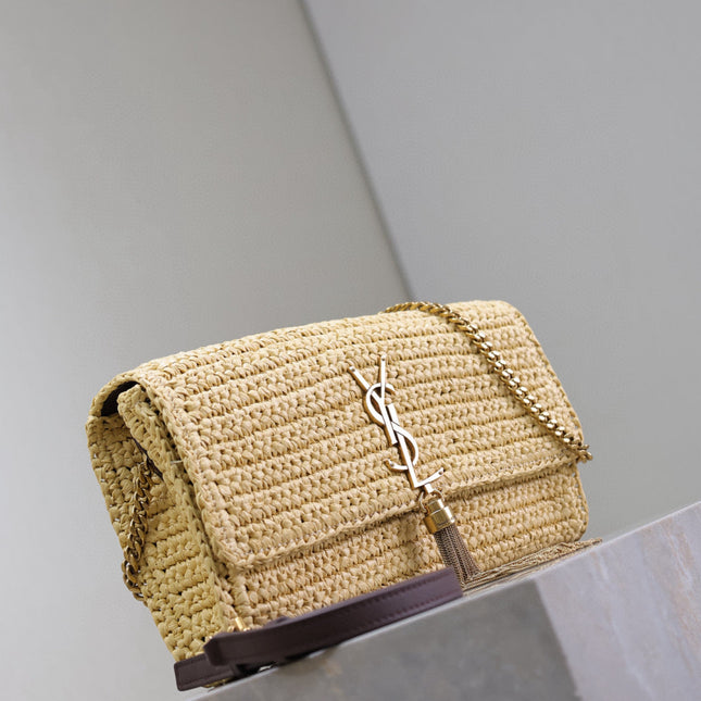 YSL KATE BAG CROSSBODY 26 IN BEIGE WOVEN RAFFIA GOLD HARDWARE