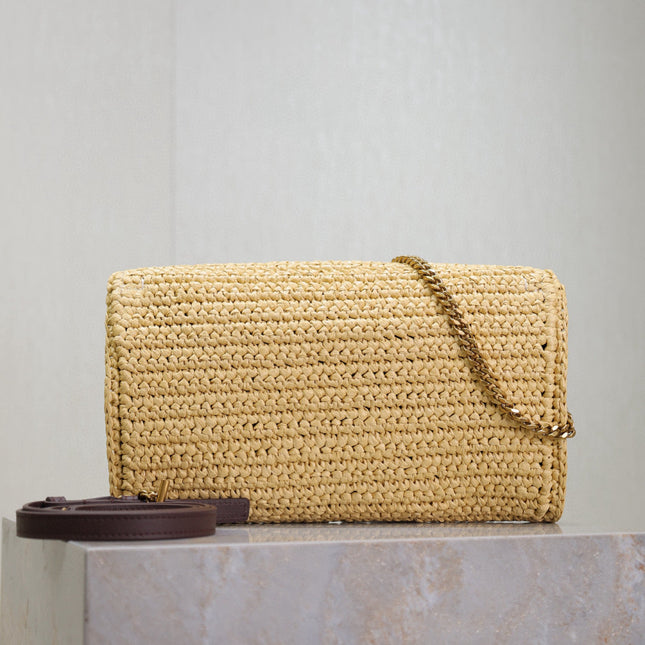 YSL KATE BAG CROSSBODY 26 IN BEIGE WOVEN RAFFIA GOLD HARDWARE