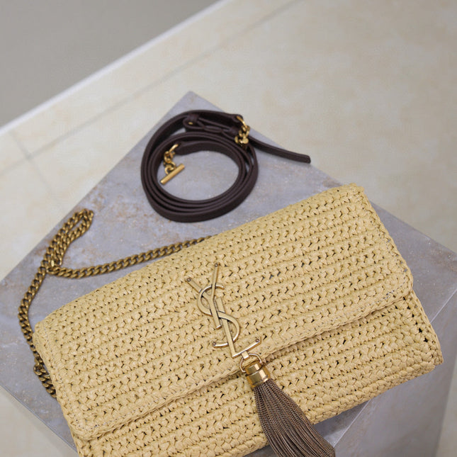 YSL KATE BAG CROSSBODY 26 IN BEIGE WOVEN RAFFIA GOLD HARDWARE
