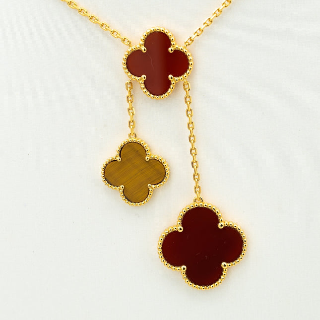 CLOVER TIGER EYE CARNELIAN NECKLACE 6 MOTIF