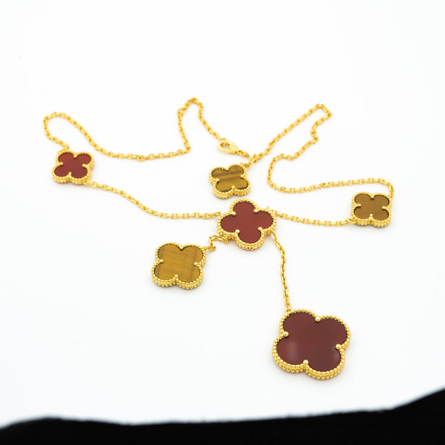 CLOVER TIGER EYE CARNELIAN NECKLACE 6 MOTIF
