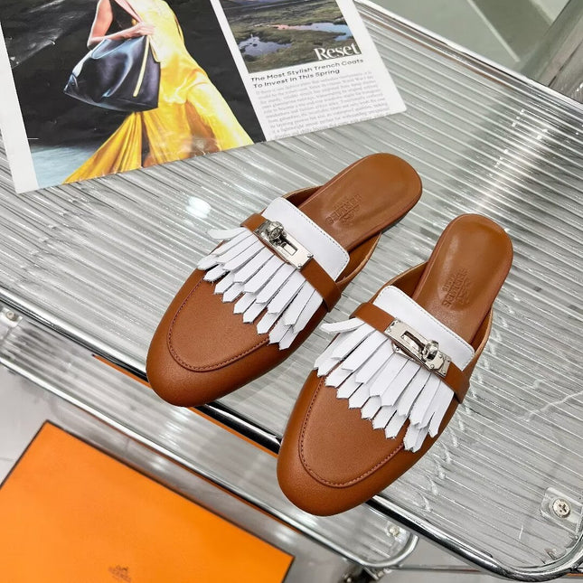0Z MULE CARAMEL MIX FRINGED WHITE CALFSKIN