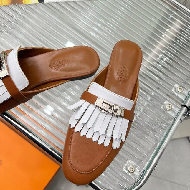 0Z MULE CARAMEL MIX FRINGED WHITE CALFSKIN