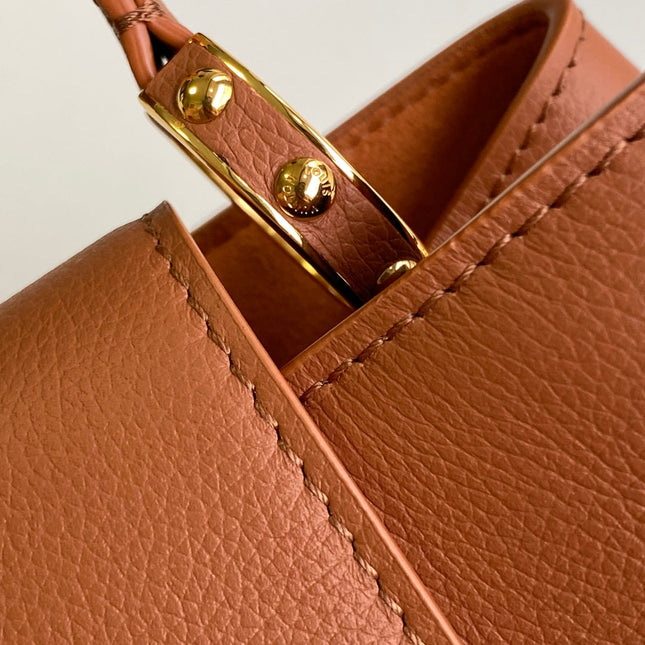 CAPUCINES 33 IN COGNAC CALFSKIN GOLD HARDWARE