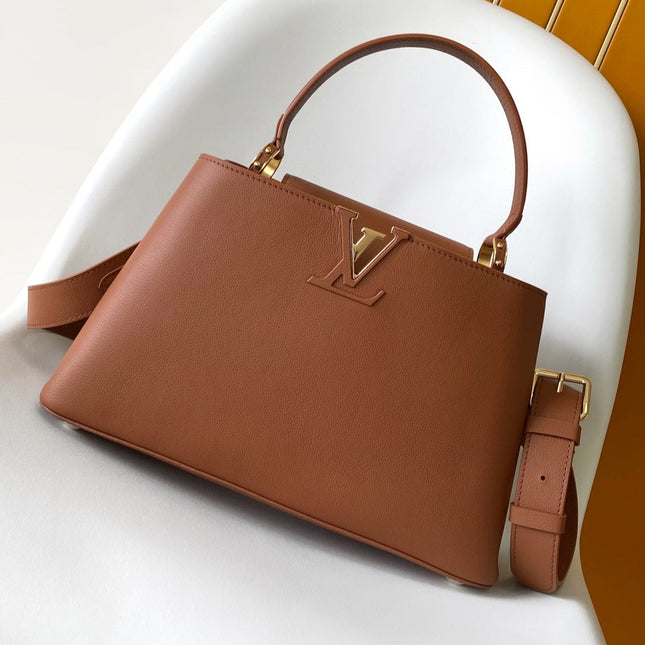 CAPUCINES 33 IN COGNAC CALFSKIN GOLD HARDWARE