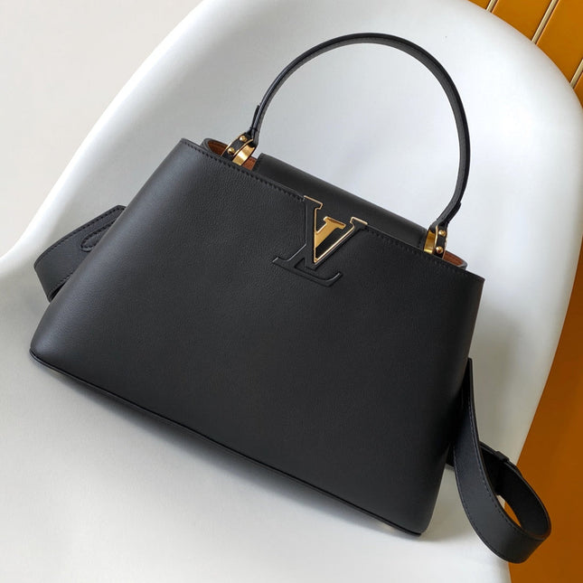 CAPUCINES 33 IN BLACK CALFSKIN GOLD HARDWARE