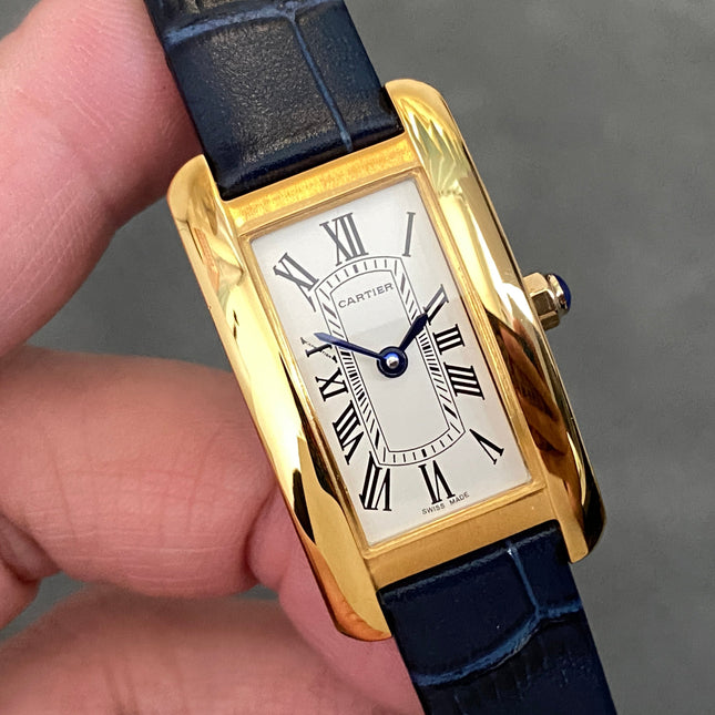 TANK AMÉRICAINE WATCH GOLD CASE WITH BLACK LEATHER STRAP