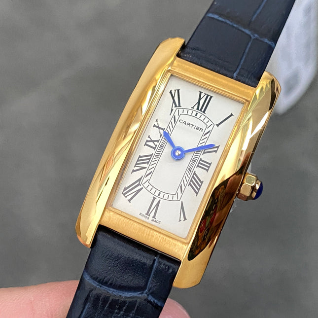TANK AMÉRICAINE WATCH GOLD CASE WITH BLACK LEATHER STRAP