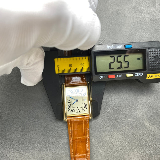 TANK SMALL MODEL LOUIS CARTIER WATCH GOLD CASE WITH CINNAMON BROWN LEATHER STRAP