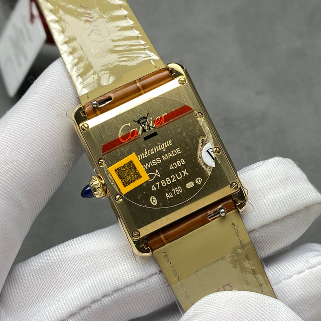 TANK SMALL MODEL LOUIS CARTIER WATCH GOLD CASE WITH CINNAMON BROWN LEATHER STRAP