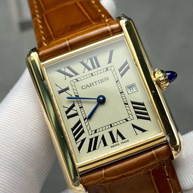 TANK SMALL MODEL LOUIS CARTIER WATCH GOLD CASE WITH CINNAMON BROWN LEATHER STRAP