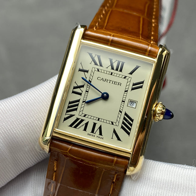 TANK SMALL MODEL LOUIS CARTIER WATCH GOLD CASE WITH CINNAMON BROWN LEATHER STRAP