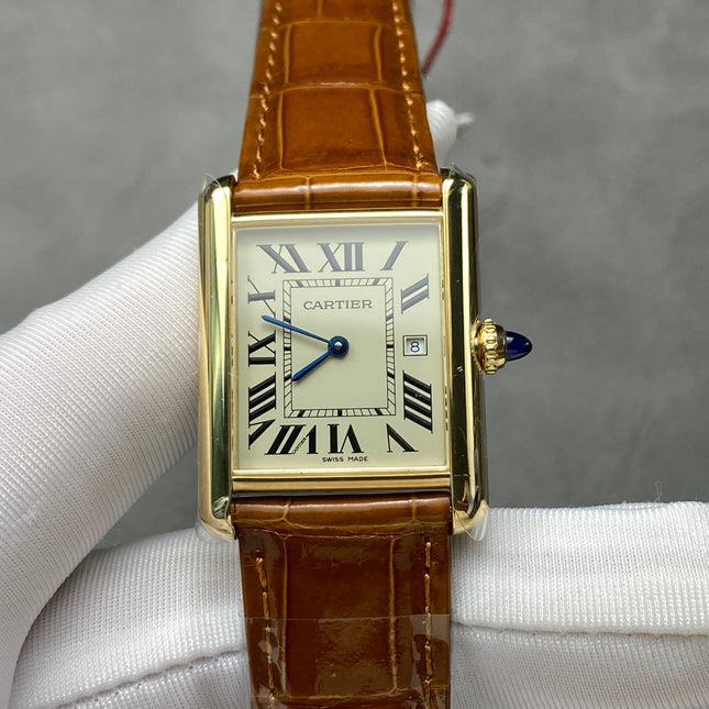 TANK SMALL MODEL LOUIS CARTIER WATCH GOLD CASE WITH CINNAMON BROWN LEATHER STRAP