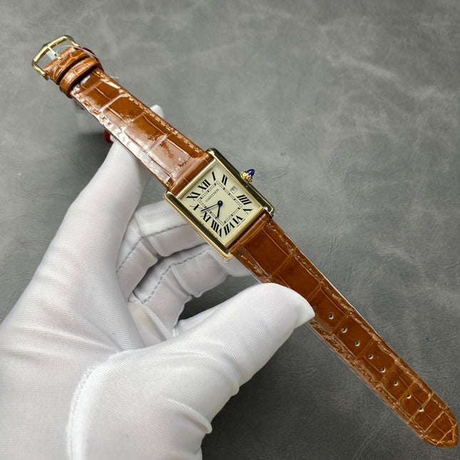 TANK SMALL MODEL LOUIS CARTIER WATCH GOLD CASE WITH CINNAMON BROWN LEATHER STRAP