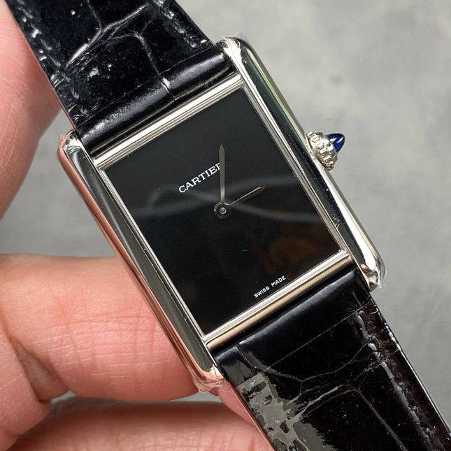 CARTIER TANK MUST SILVER CASE WITH BLACK LEATHER STRAP
