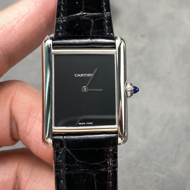 CARTIER TANK MUST SILVER CASE WITH BLACK LEATHER STRAP