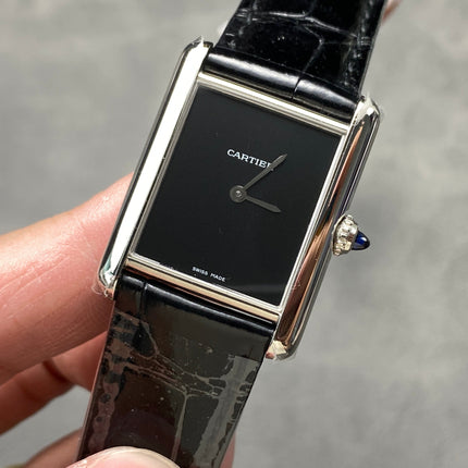 CARTIER TANK MUST SILVER CASE WITH BLACK LEATHER STRAP