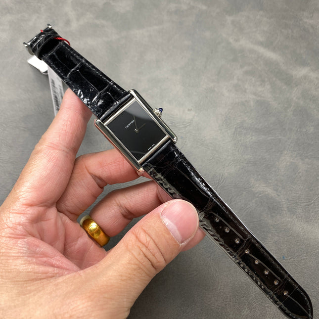 CARTIER TANK MUST SILVER CASE WITH BLACK LEATHER STRAP
