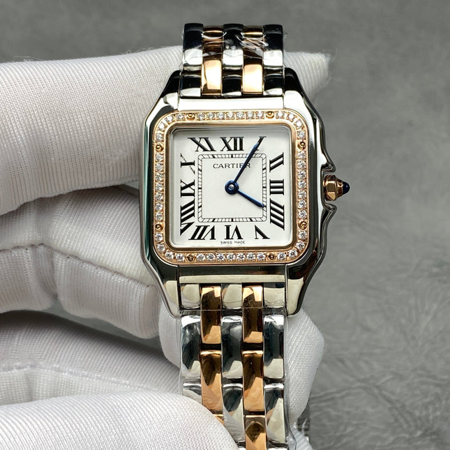 CARTIER PANTHÈRE MEDIUM WATCH GOLD PINK AND SILVER CASE WITH CRYSTALS